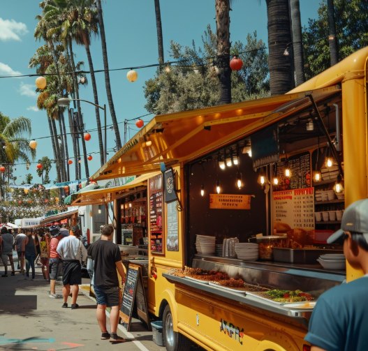 Street of food trucks serving a busy crowd