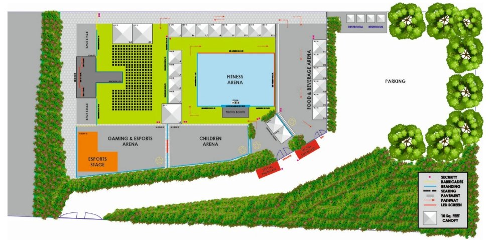 Site plan showing the main stage, gaming and esports arena, children arena, fitness arena, food and beverage arena, pathways and parking