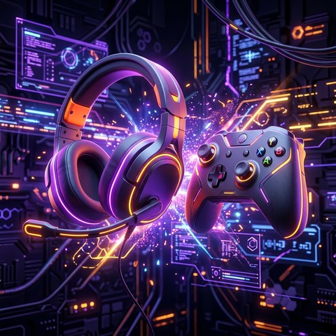 Gaming headphones and controller with neon lights